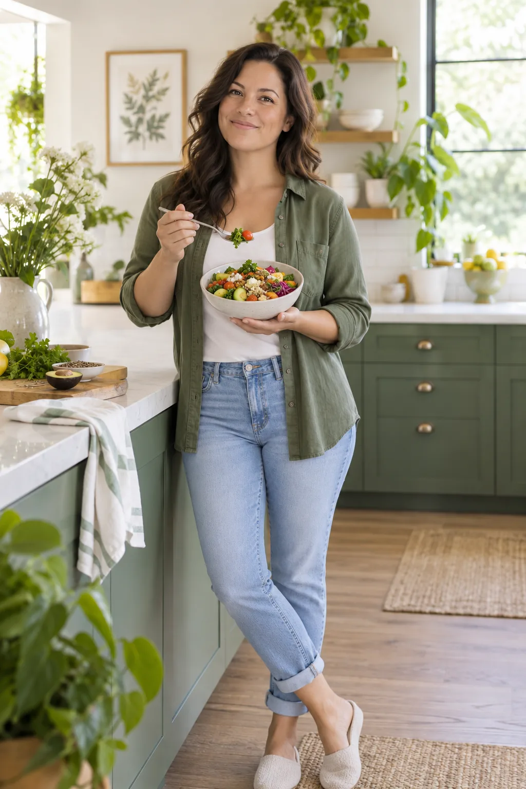 Concept portrait of the same woman smiling with a meal