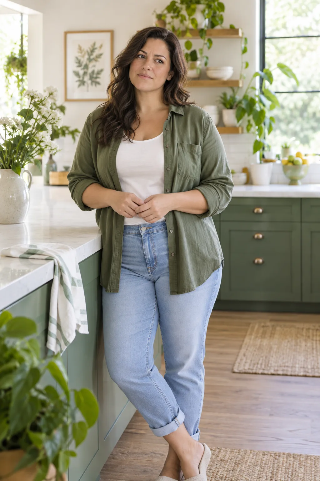 Concept portrait of a thoughtful woman standing in a kitchen without food